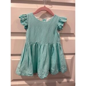 The Oaks Apparel Girls 12M Turquoise 100% Linen Flutter Sleeve Babydoll Dress